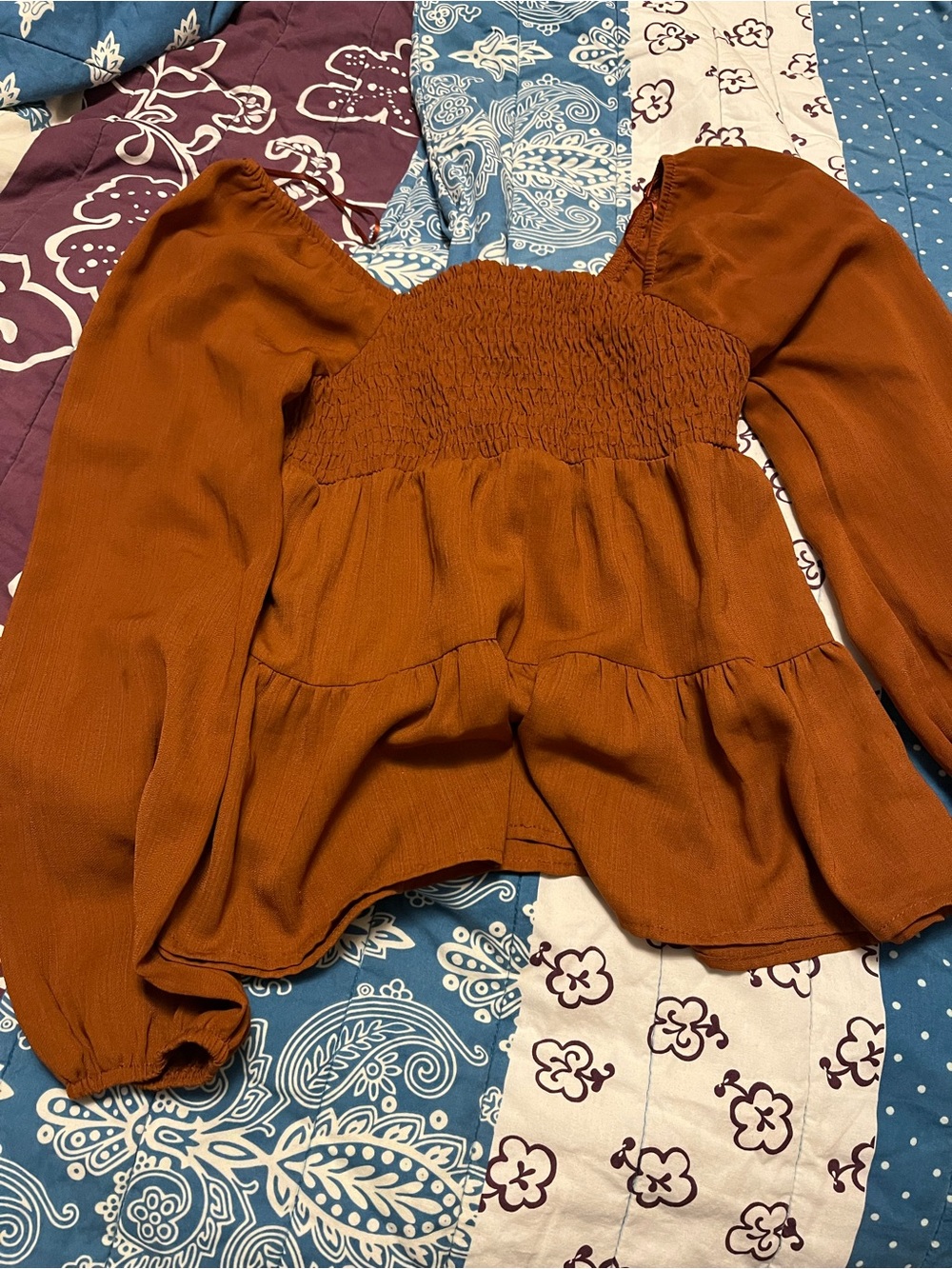 Paper Crane Burnt Orange Smocked Square-Neck Peasant Blouse